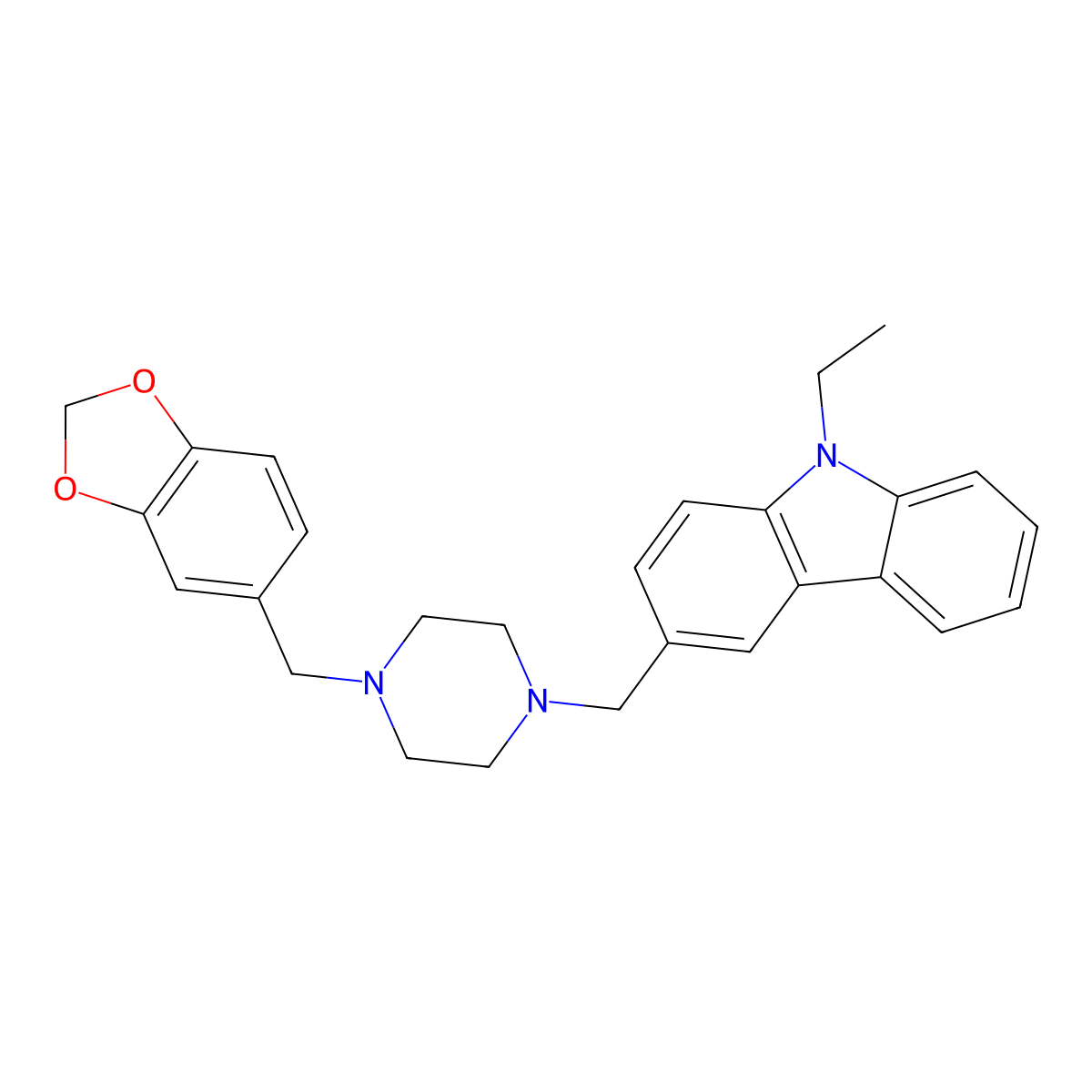 3-[[4-(1,3-Benzodioxol-5-ylmethyl)piperazin-1-yl]methyl]-9-ethylcarbazole molecular structure, CAS 331977-21-0