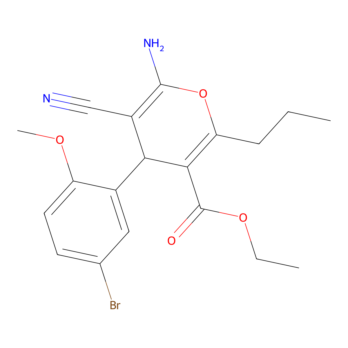 ethyl 6-amino-4-(5-bromo-2-methoxyphenyl)-5-cyano-2-propyl-4H-pyran-3-carboxylate molecular structure, CAS 331977-37-8