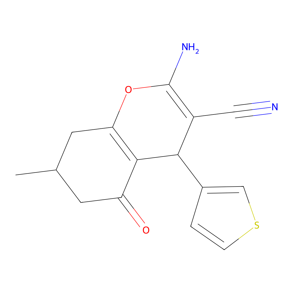 2-Amino-7-methyl-5-oxo-4-thiophen-3-yl-4,6,7,8-tetrahydrochromene-3-carbonitrile molecular structure, CAS 331977-48-1