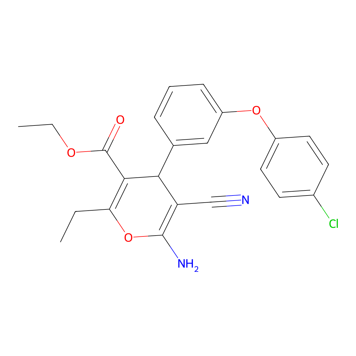 ethyl 6-amino-4-[3-(4-chlorophenoxy)phenyl]-5-cyano-2-ethyl-4H-pyran-3-carboxylate molecular structure, CAS 331977-58-3