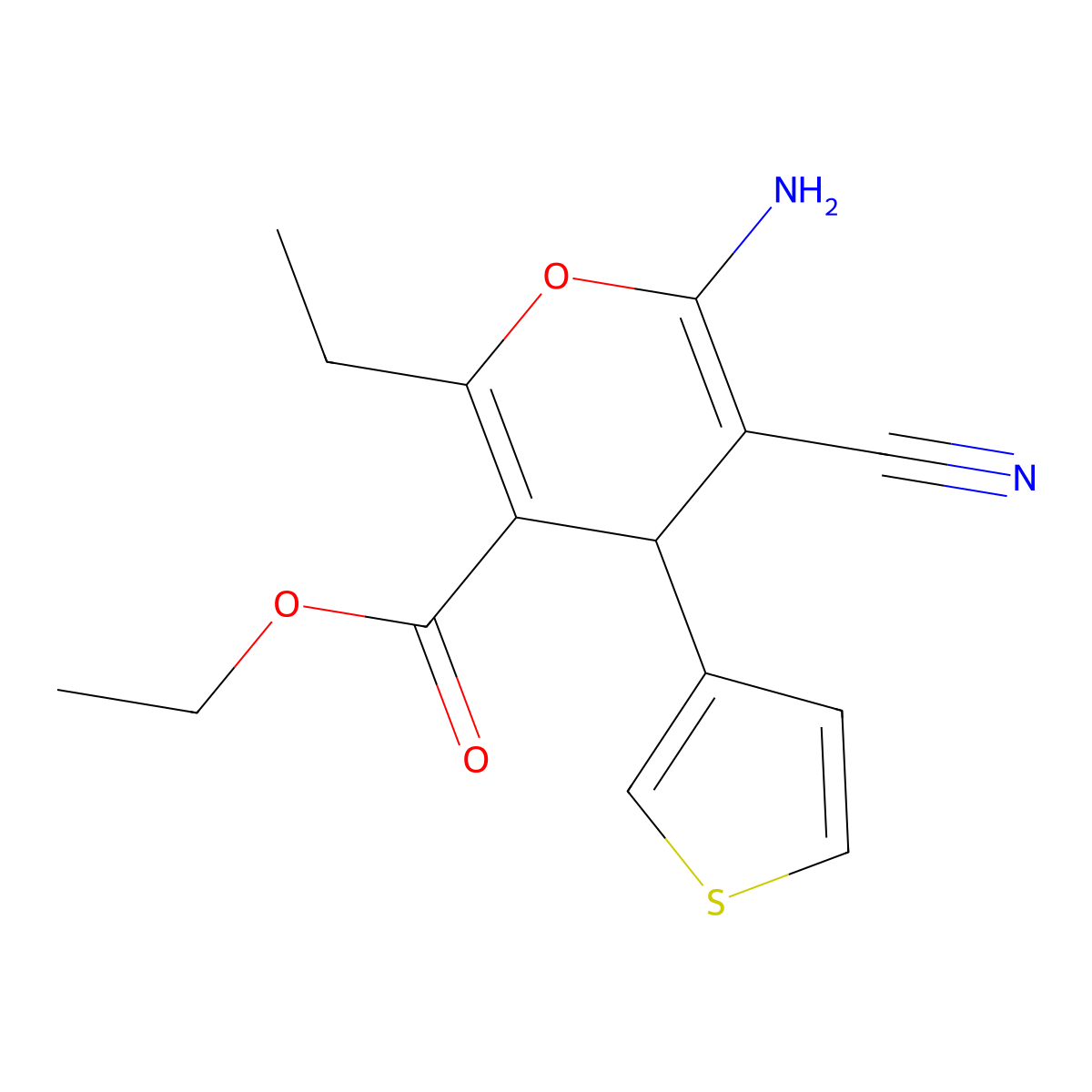 ethyl 6-amino-5-cyano-2-ethyl-4-(3-thienyl)-4H-pyran-3-carboxylate molecular structure, CAS 331977-77-6