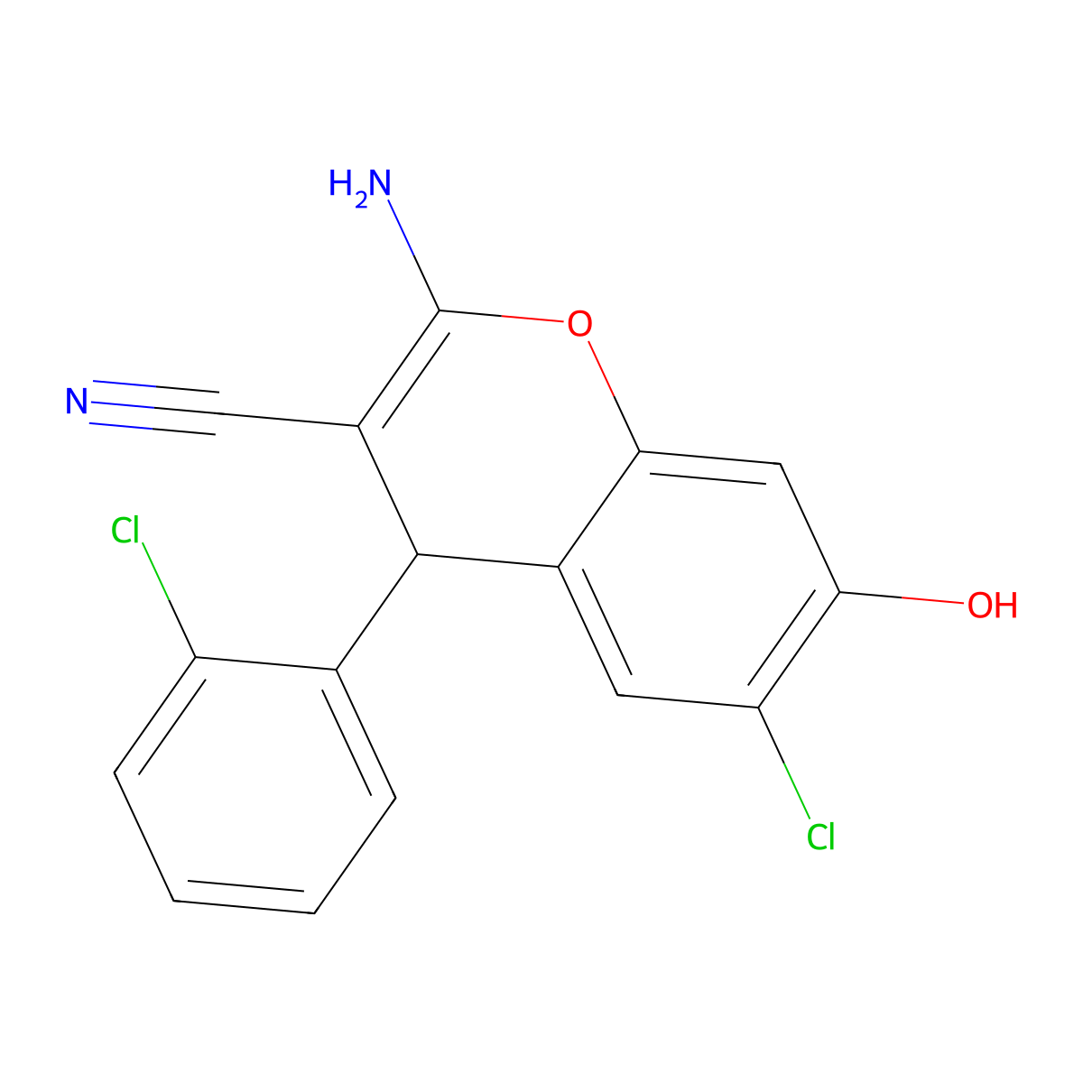 2-Amino-6-chloro-4-(2-chlorophenyl)-7-hydroxy-4H-chromene-3-carbonitrile molecular structure, CAS 331977-81-2