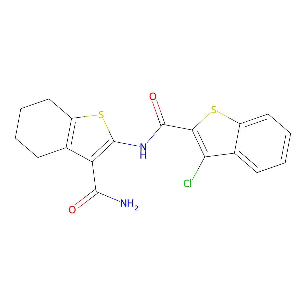 N-(3-carbamoyl-4,5,6,7-tetrahydro-1-benzothiophen-2-yl)-3-chloro-1-benzothiophene-2-carboxamide molecular structure, CAS 331979-85-2