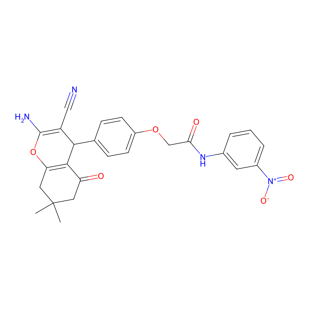 2-(4-(2-Amino-3-cyano-7,7-dimethyl-5-oxo-5,6,7,8-tetrahydro-4H-chromen-4-yl)phenoxy)-N-(3-nitrophenyl)acetamide molecular structure, CAS 331981-36-3