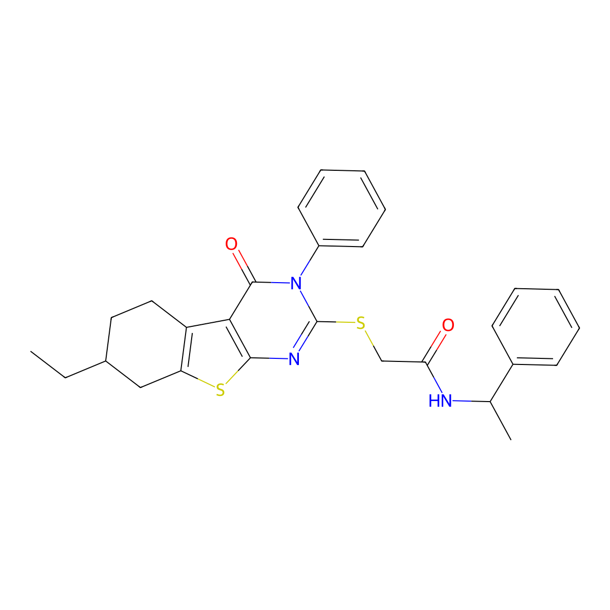 2-[(7-ethyl-4-oxo-3-phenyl-5,6,7,8-tetrahydro-[1]benzothiolo[2,3-d]pyrimidin-2-yl)sulfanyl]-N-(1-phenylethyl)acetamide molecular structure, CAS 331982-00-4