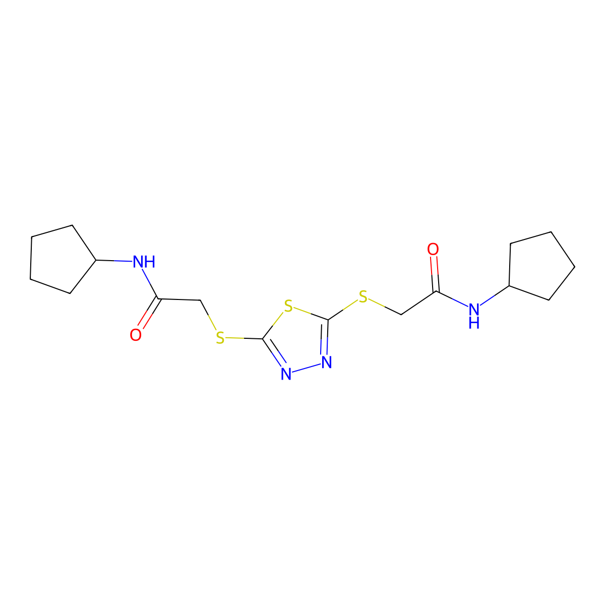N-cyclopentyl-2-[[5-[2-(cyclopentylamino)-2-oxoethyl]sulfanyl-1,3,4-thiadiazol-2-yl]sulfanyl]acetamide molecular structure, CAS 331982-23-1