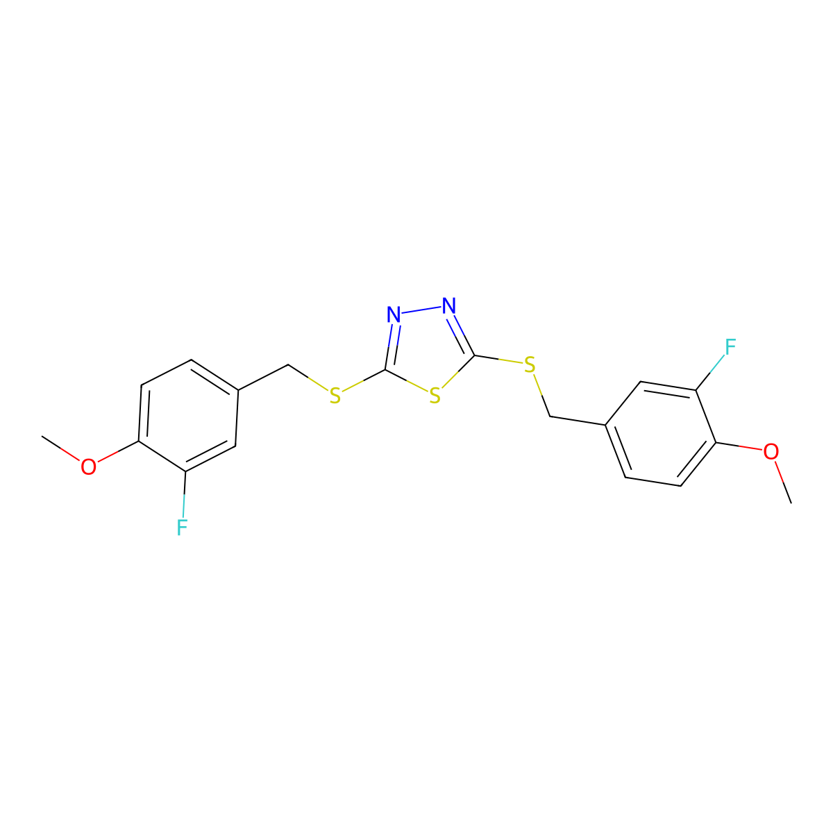 2,5-Bis[(3-fluoro-4-methoxyphenyl)methylsulfanyl]-1,3,4-thiadiazole molecular structure, CAS 331982-66-2