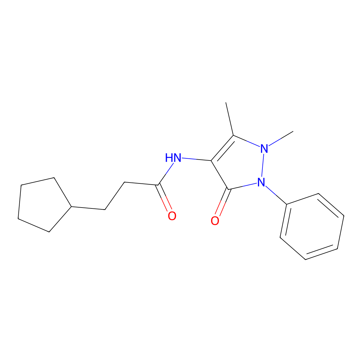 3-cyclopentyl-N-(1,5-dimethyl-3-oxo-2-phenylpyrazol-4-yl)propanamide molecular structure, CAS 331982-87-7
