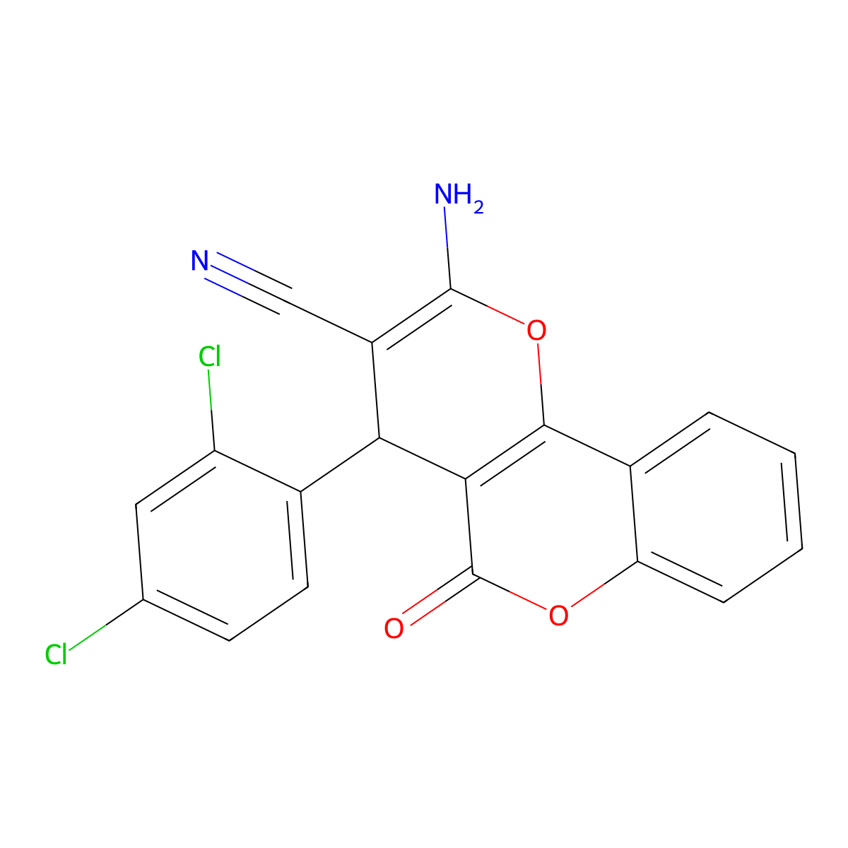 2-amino-4-(2,4-dichlorophenyl)-5-oxo-4H,5H-pyrano[3,2-c]chromene-3-carbonitrile molecular structure, CAS 331986-01-7