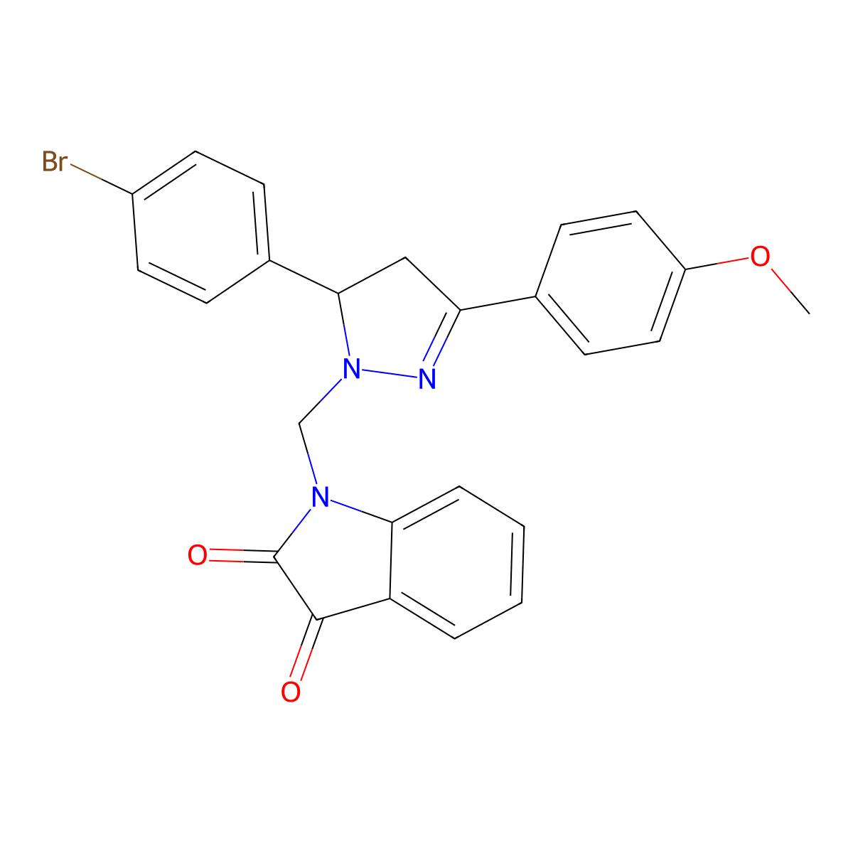 1-((5-(4-bromophenyl)-3-(4-methoxyphenyl)-4,5-dihydro-1H-pyrazol-1-yl)methyl)indoline-2,3-dione molecular structure, CAS 331988-53-5