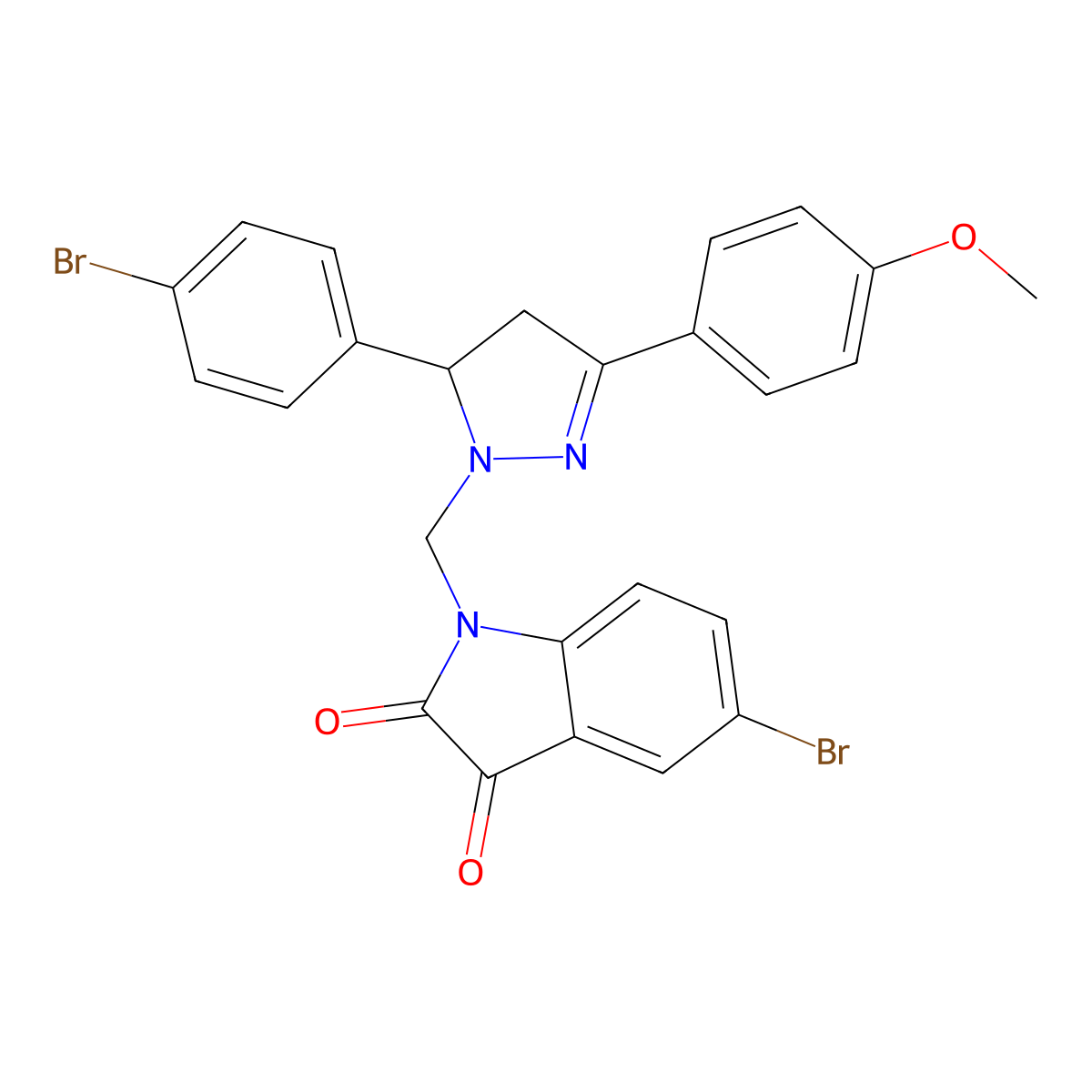 5-bromo-1-((5-(4-bromophenyl)-3-(4-methoxyphenyl)-4,5-dihydro-1H-pyrazol-1-yl)methyl)indoline-2,3-dione molecular structure, CAS 331988-54-6
