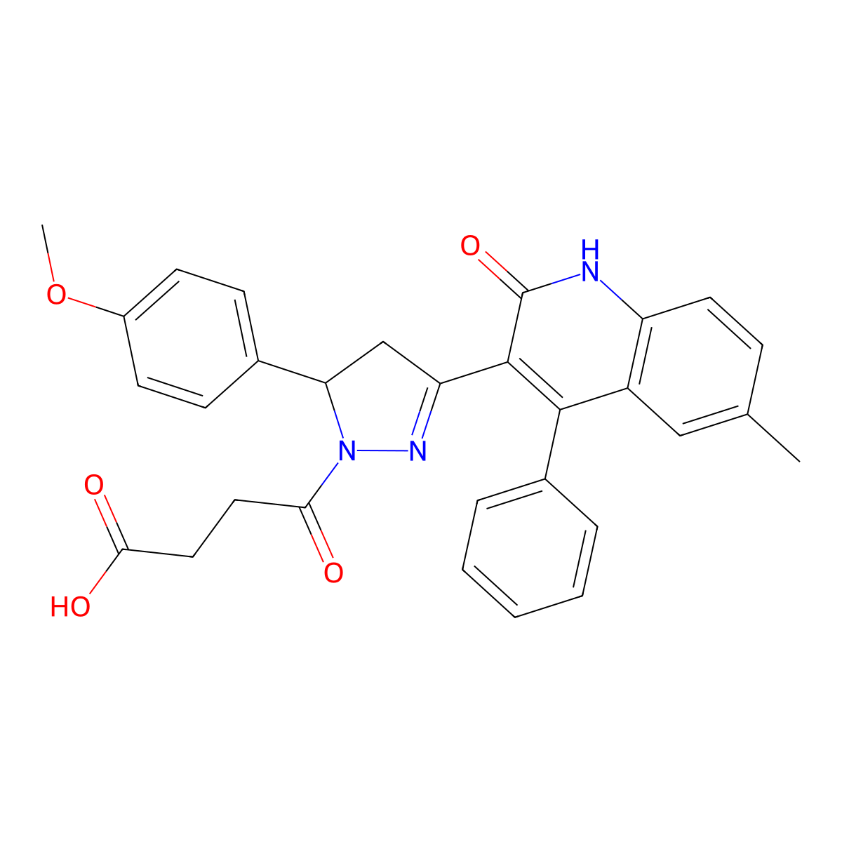 4-(5-(4-methoxyphenyl)-3-(6-methyl-2-oxo-4-phenyl-1,2-dihydroquinolin-3-yl)-4,5-dihydro-1H-pyrazol-1-yl)-4-oxobutanoic acid molecular structure, CAS 331988-63-7