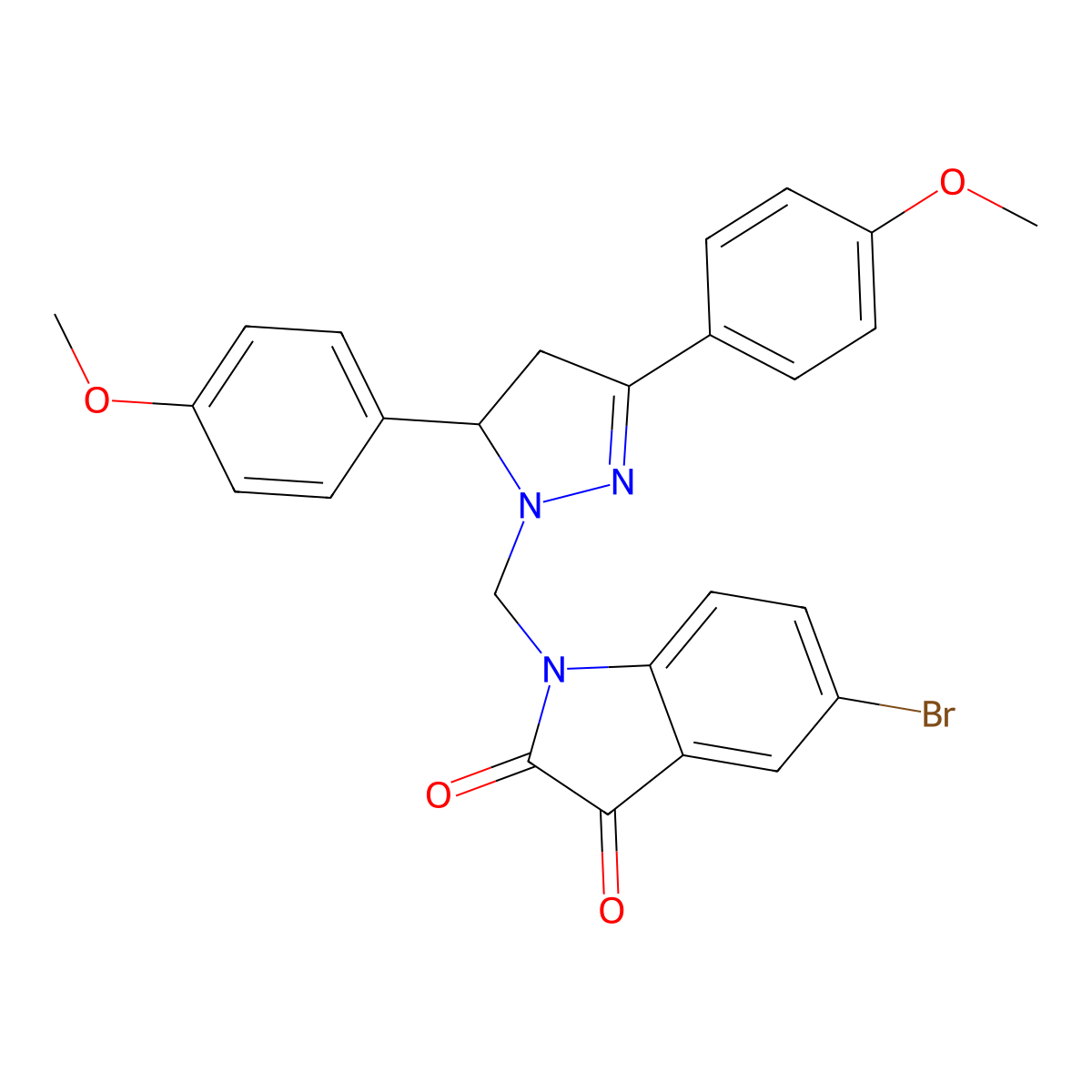 1-((3,5-bis(4-methoxyphenyl)-4,5-dihydro-1H-pyrazol-1-yl)methyl)-5-bromoindoline-2,3-dione molecular structure, CAS 331988-66-0