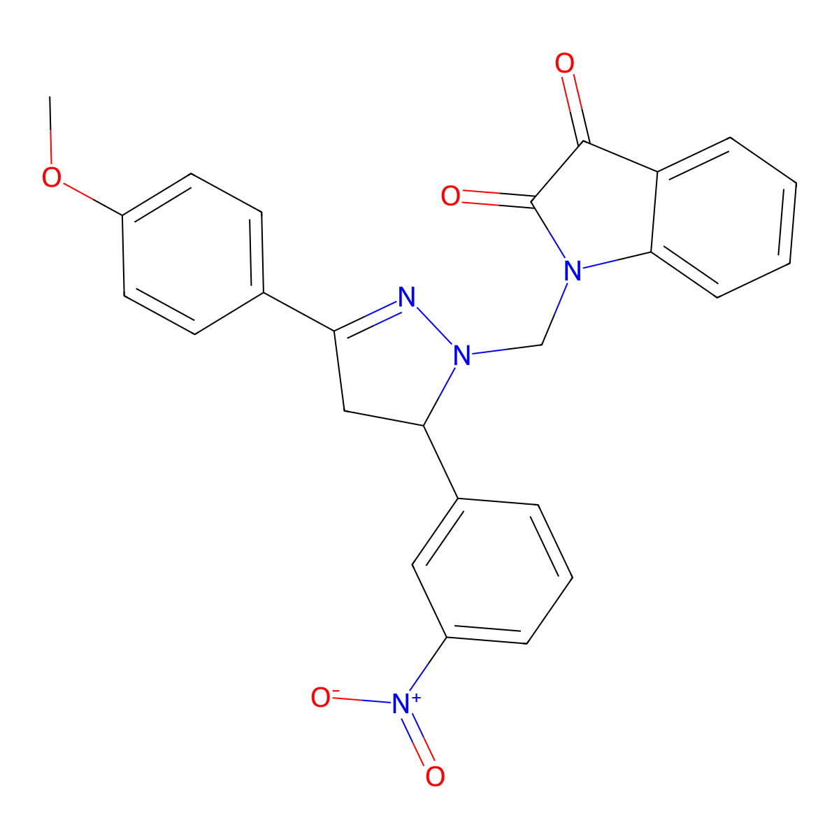 1-((3-(4-methoxyphenyl)-5-(3-nitrophenyl)-4,5-dihydro-1H-pyrazol-1-yl)methyl)indoline-2,3-dione molecular structure, CAS 331988-69-3