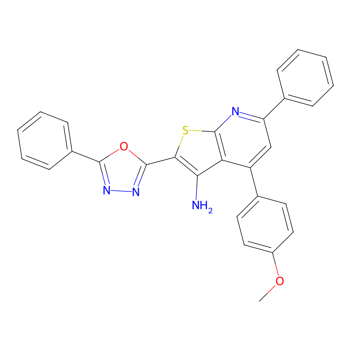 4-(4-Methoxyphenyl)-6-phenyl-2-(5-phenyl-1,3,4-oxadiazol-2-yl)thieno[2,3-b]pyridin-3-amine molecular structure, CAS 332018-14-1