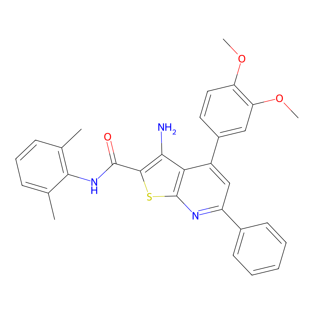 3-amino-4-(3,4-dimethoxyphenyl)-N-(2,6-dimethylphenyl)-6-phenylthieno[2,3-b]pyridine-2-carboxamide molecular structure, CAS 332018-66-3