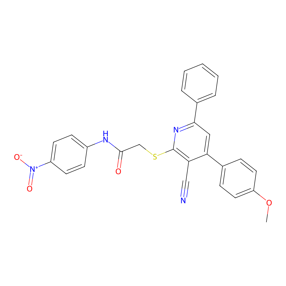 2-((3-Cyano-4-(4-methoxyphenyl)-6-phenylpyridin-2-yl)thio)-N-(4-nitrophenyl)acetamide molecular structure, CAS 332018-70-9