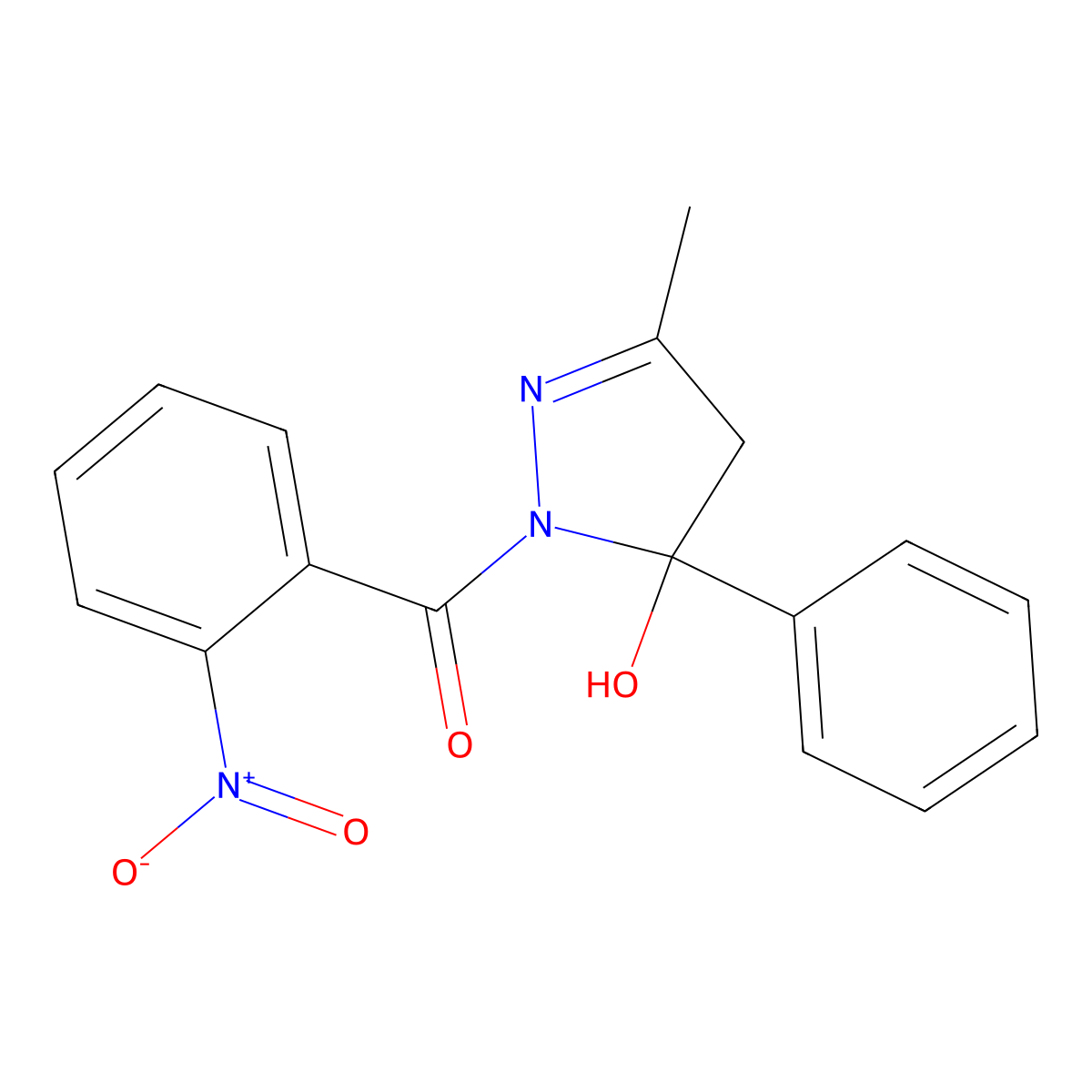 (5-hydroxy-3-methyl-5-phenyl-4H-pyrazol-1-yl)-(2-nitrophenyl)methanone molecular structure, CAS 332019-03-1