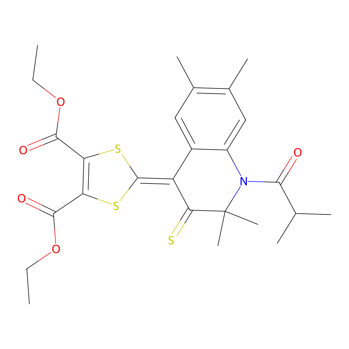 diethyl 2-(1-isobutyryl-2,2,6,7-tetramethyl-3-thioxo-2,3-dihydro-4(1H)-quinolinylidene)-1,3-dithiole-4,5-dicarboxylate molecular structure, CAS 332019-14-4