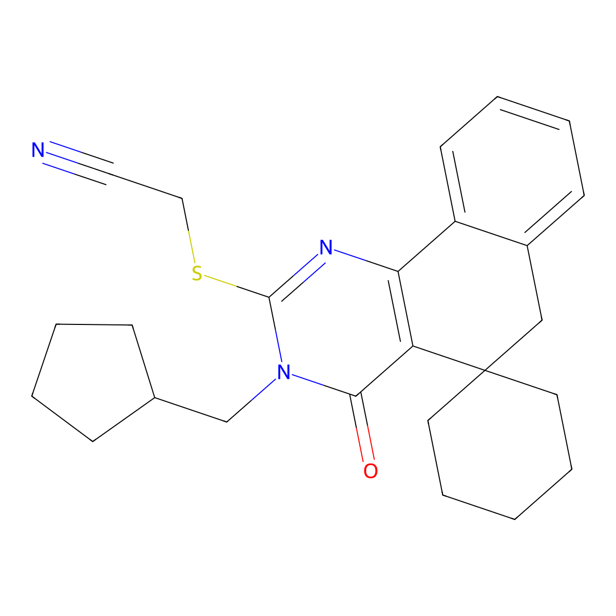 2-[3-(cyclopentylmethyl)-4-oxospiro[6H-benzo[h]quinazoline-5,1'-cyclohexane]-2-yl]sulfanylacetonitrile molecular structure, CAS 332024-42-7