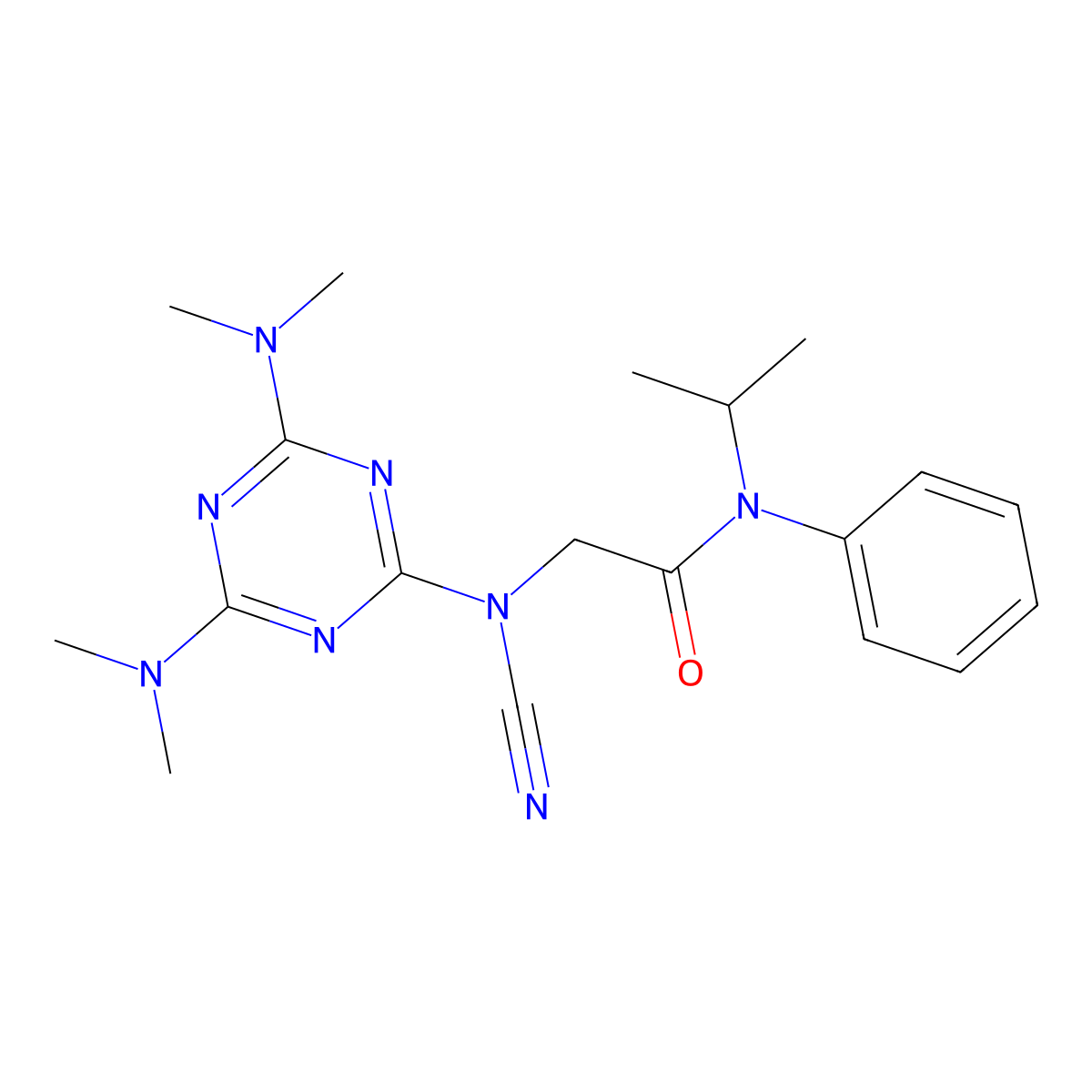 2-[[4,6-bis(dimethylamino)-1,3,5-triazin-2-yl]-cyanoamino]-N-phenyl-N-propan-2-ylacetamide molecular structure, CAS 332024-45-0