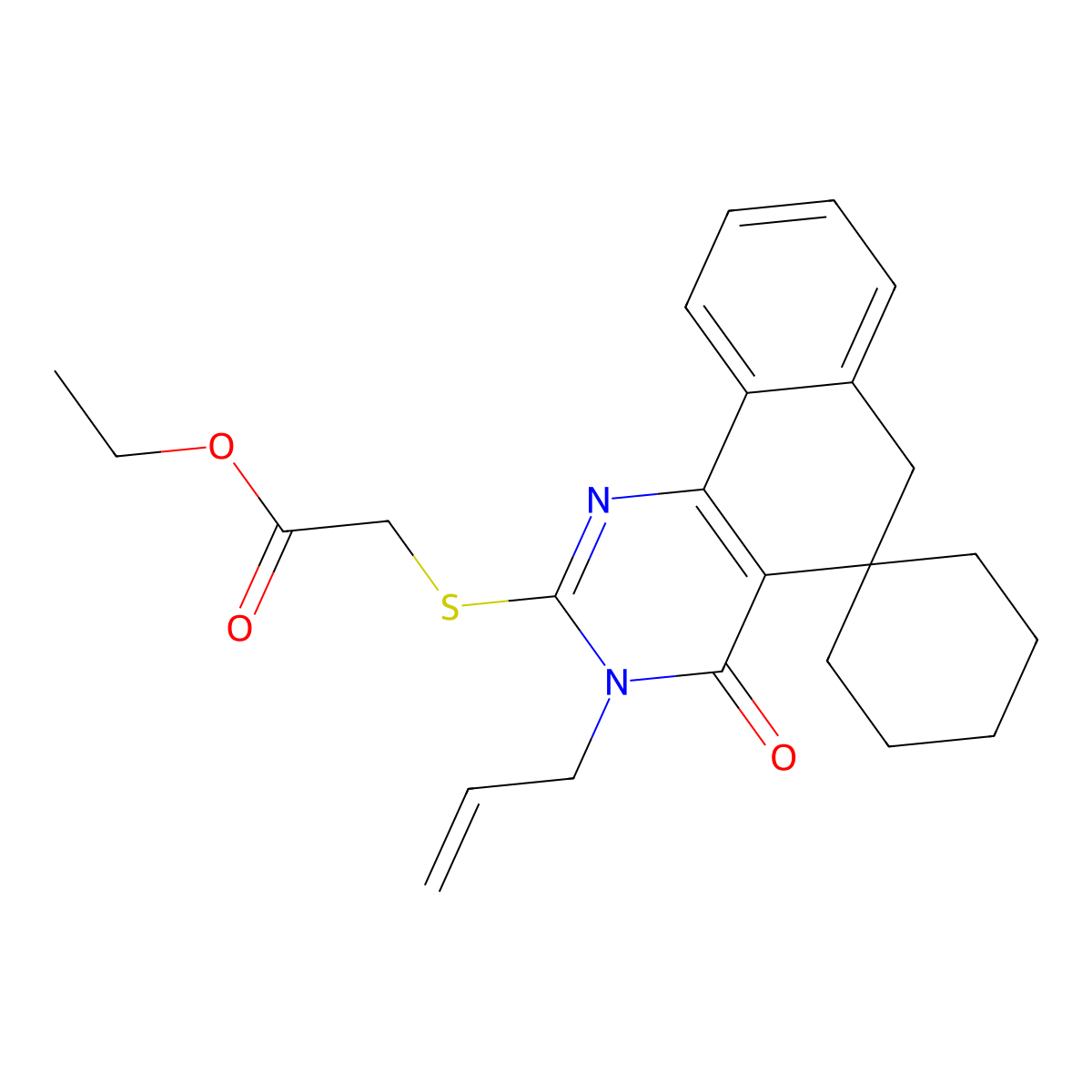 ethyl 2-(4-oxo-3-prop-2-enylspiro[6H-benzo[h]quinazoline-5,1'-cyclohexane]-2-yl)sulfanylacetate molecular structure, CAS 332024-47-2