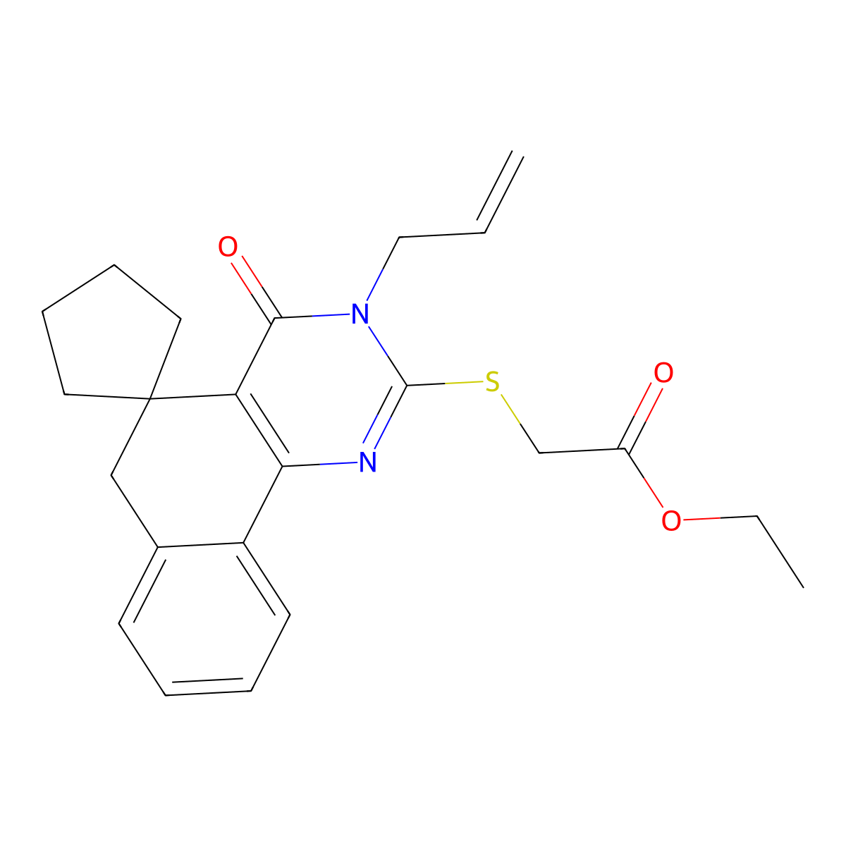 Ethyl {[3-allyl-4-oxo-3,4,5,6-tetrahydrospiro(benzo[h]quinazoline-5,1'-cyclopentane)-2-yl]sulfanyl}acetate molecular structure, CAS 332024-55-2