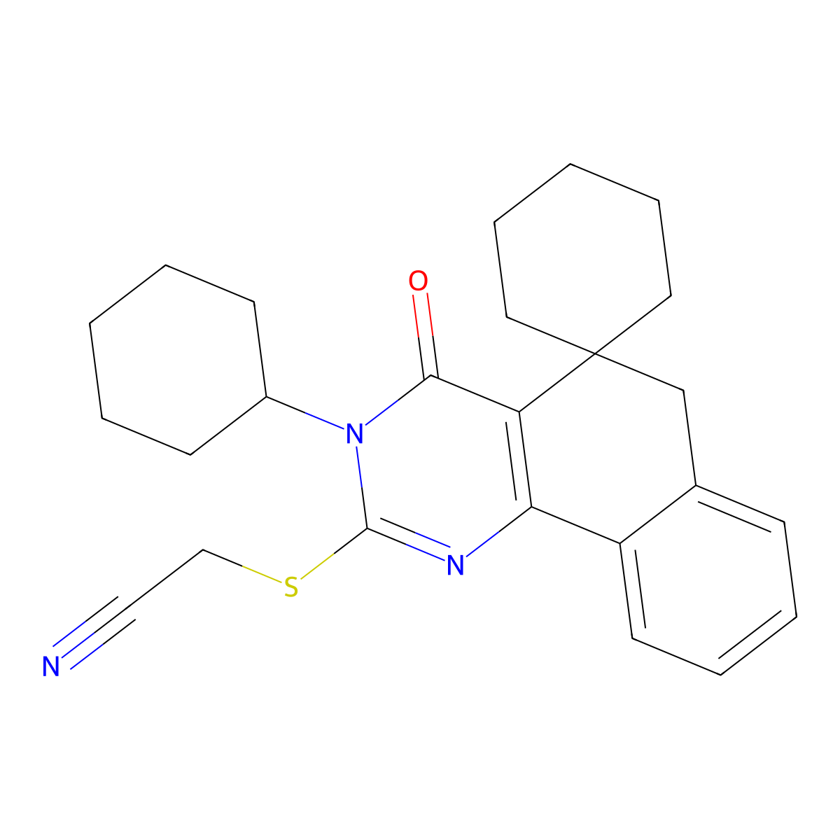 2-[(Cyanomethyl)sulfanyl]-3-hexyl-4-oxo-3,4,5,6-tetrahydrospiro(benzo[h]quinazoline-5,1'-cyclohexane) molecular structure, CAS 332024-61-0