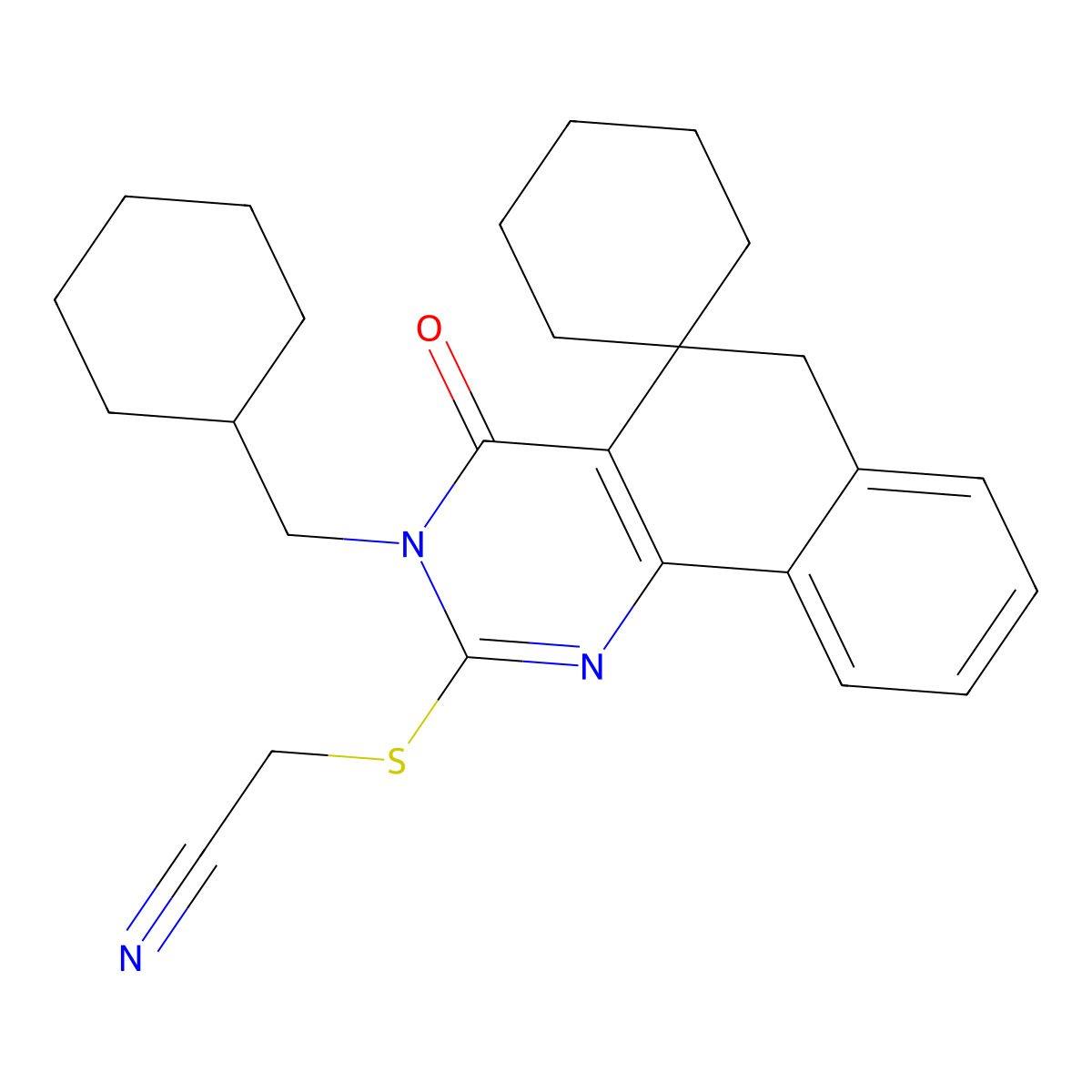 2-[3-(cyclohexylmethyl)-4-oxospiro[6H-benzo[h]quinazoline-5,1'-cyclohexane]-2-yl]sulfanylacetonitrile molecular structure, CAS 332024-64-3
