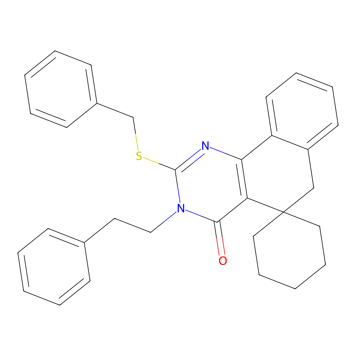 2-(benzylsulfanyl)-3-(2-phenylethyl)-5,6-dihydrospiro(benzo[h]quinazoline-5,1'-cyclohexane)-4(3H)-one molecular structure, CAS 332024-86-9