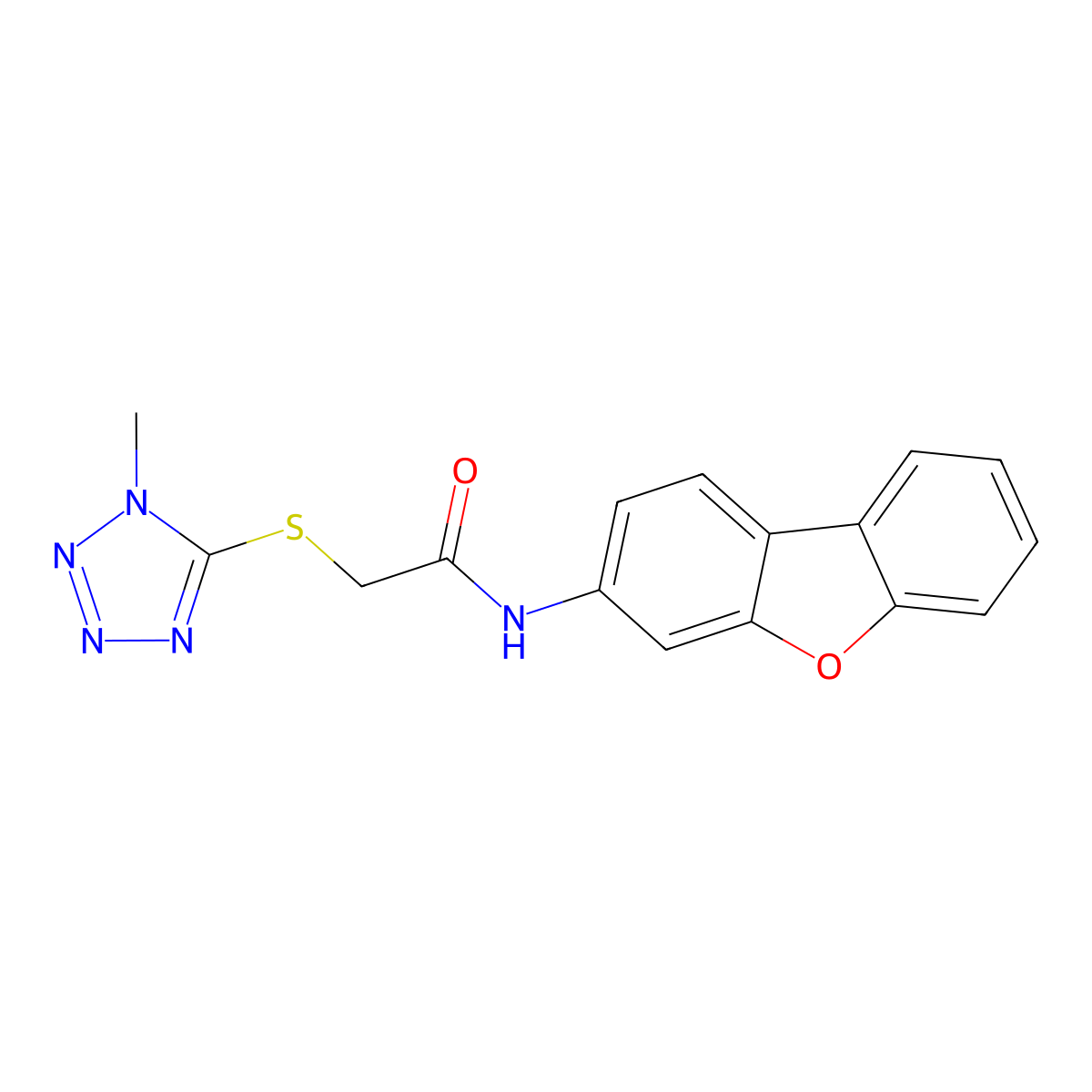 N-dibenzofuran-3-yl-2-(1-methyltetrazol-5-yl)sulfanylacetamide molecular structure, CAS 332026-06-9