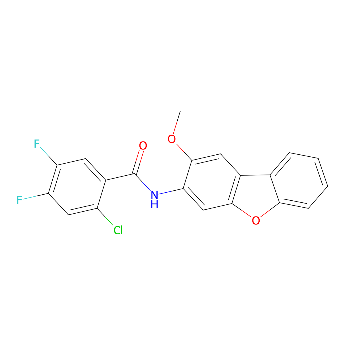 2-chloro-4,5-difluoro-N-(2-methoxydibenzofuran-3-yl)benzamide molecular structure, CAS 332026-15-0