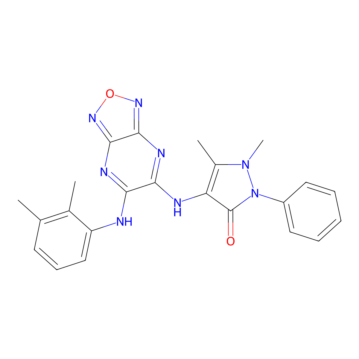 4-[[6-[(2,3-Dimethylphenyl)amino][1,2,5]oxadiazolo[3,4-b]pyrazin-5-yl]amino]-1,2-dihydro-1,5-dimethyl-2-phenyl-3H-pyrazol-3-one molecular structure, CAS 332026-88-7