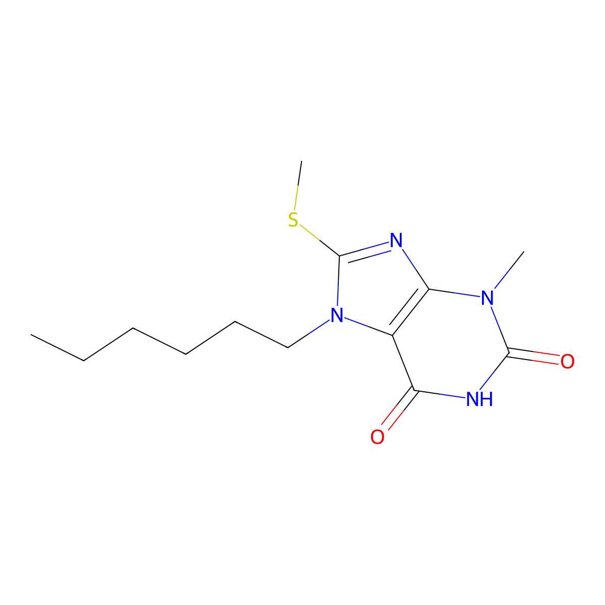 7-hexyl-3-methyl-8-(methylsulfanyl)-3,7-dihydro-1H-purine-2,6-dione molecular structure, CAS 332033-45-1