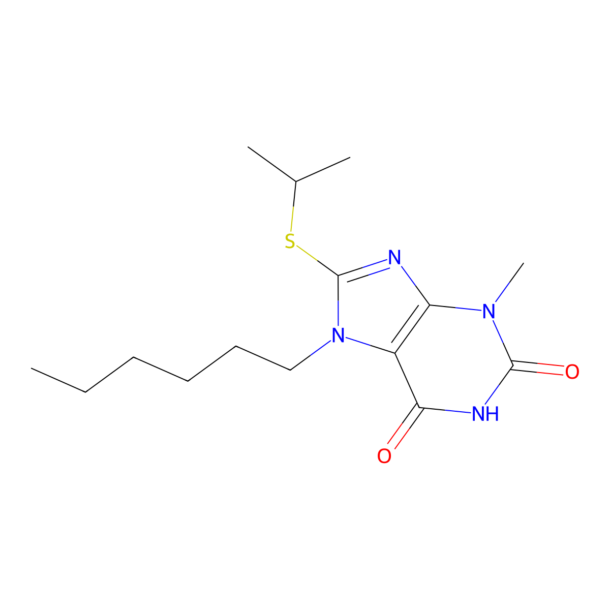 7-Hexyl-3-methyl-8-propan-2-ylsulfanylpurine-2,6-dione molecular structure, CAS 332033-48-4