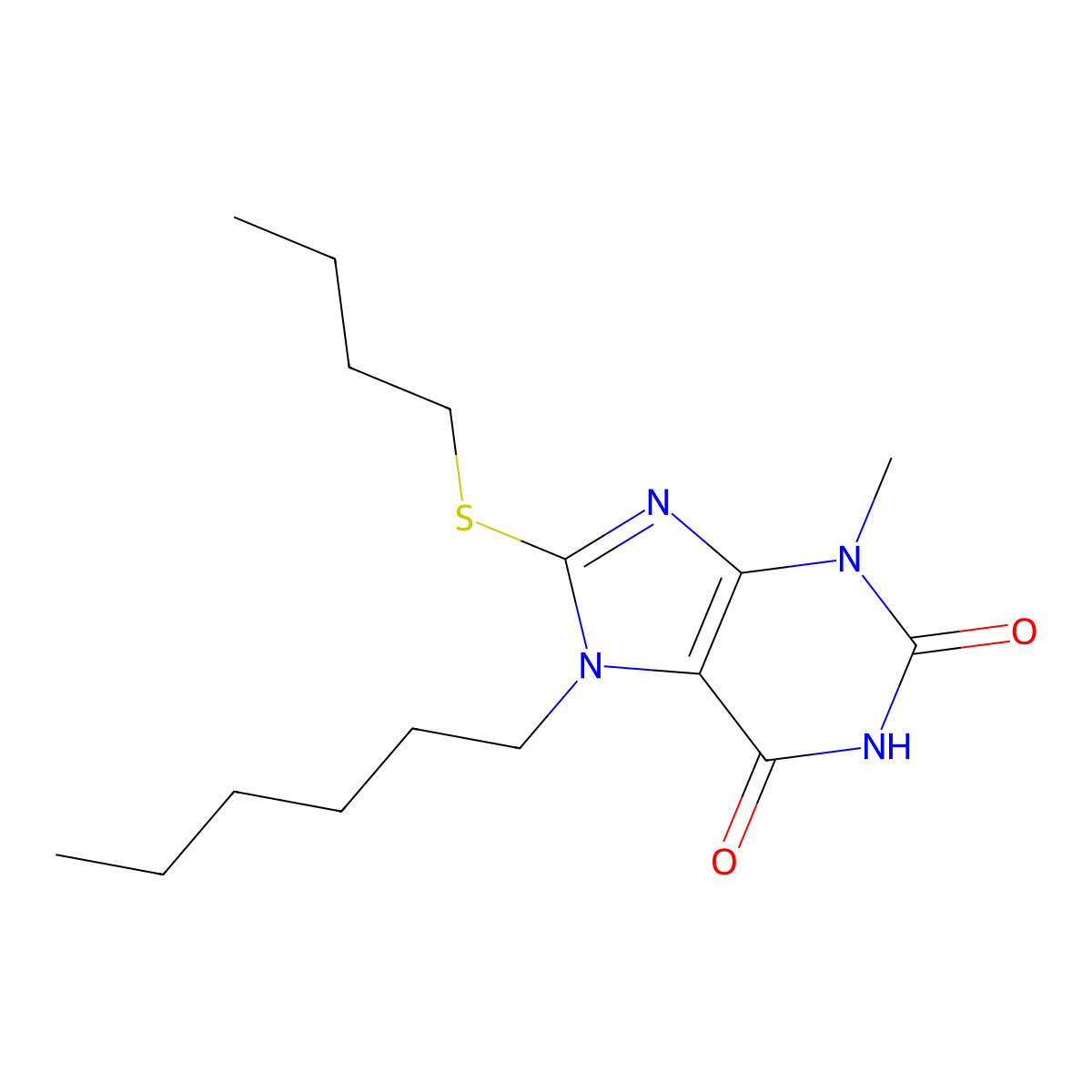 8-Butylsulfanyl-7-hexyl-3-methylpurine-2,6-dione molecular structure, CAS 332033-49-5