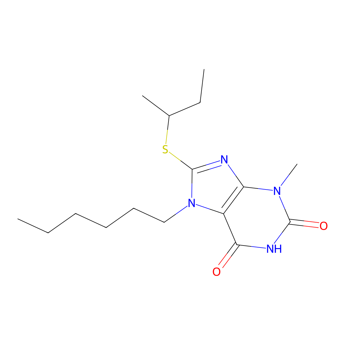 8-(sec-butylsulfanyl)-7-hexyl-3-methyl-3,7-dihydro-1H-purine-2,6-dione molecular structure, CAS 332033-50-8
