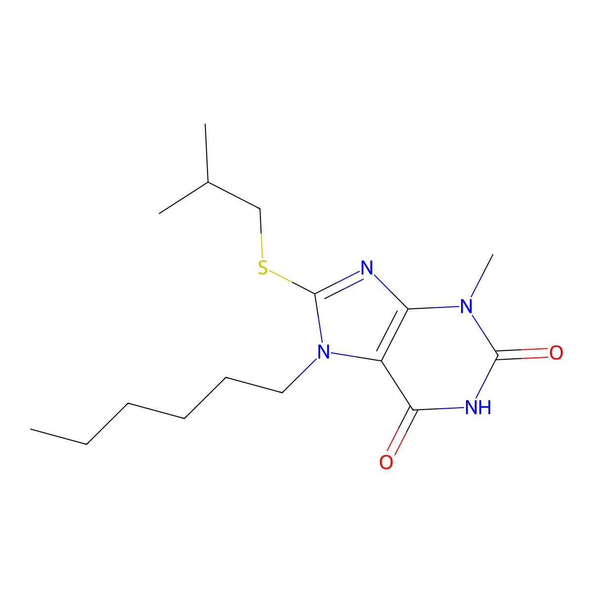 7-Hexyl-8-isobutylsulfanyl-3-methyl-3,7-dihydro-purine-2,6-dione molecular structure, CAS 332033-51-9