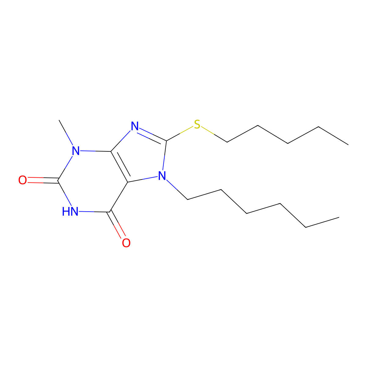 7-hexyl-3-methyl-8-(pentylsulfanyl)-3,7-dihydro-1H-purine-2,6-dione molecular structure, CAS 332033-52-0