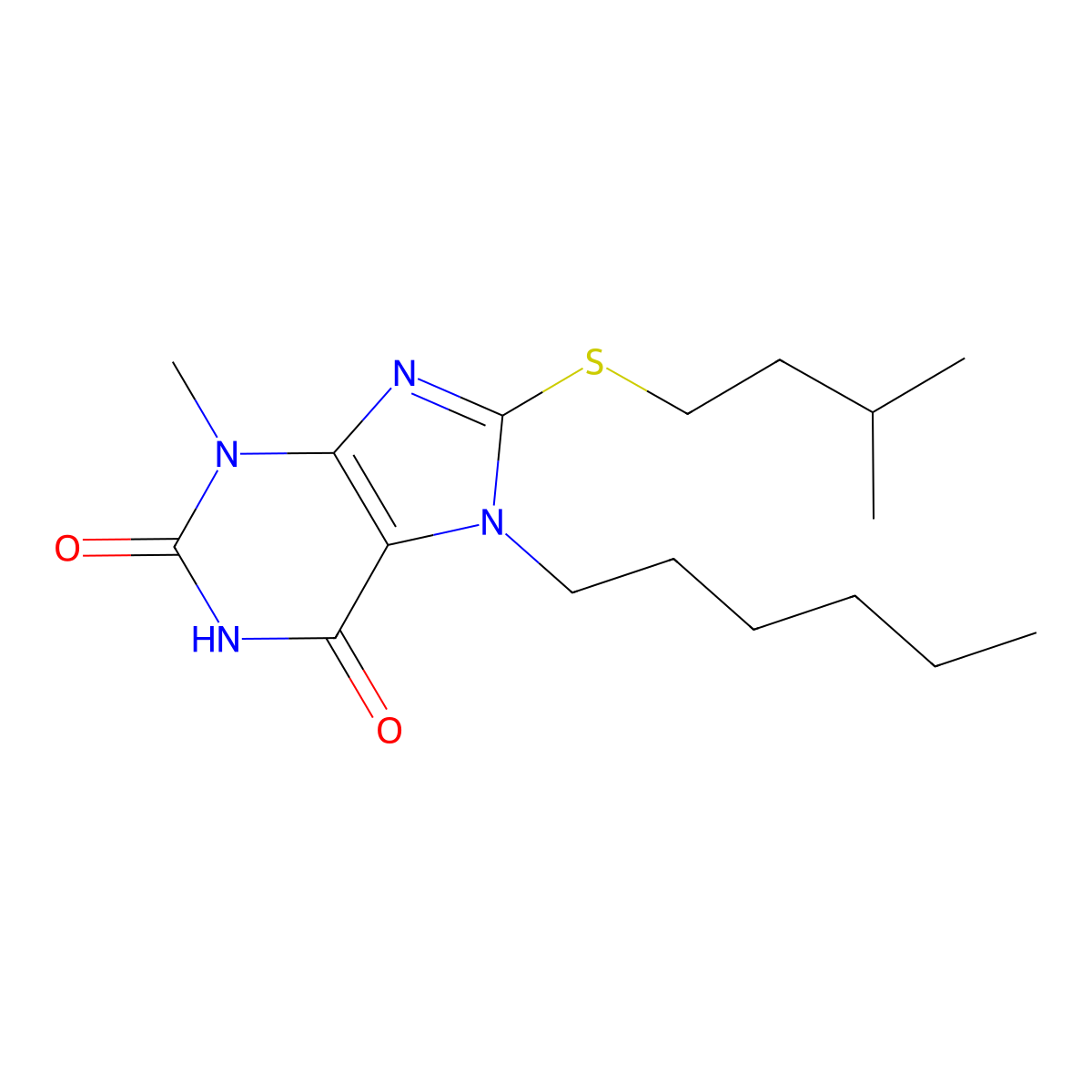 7-hexyl-8-(isopentylsulfanyl)-3-methyl-3,7-dihydro-1H-purine-2,6-dione molecular structure, CAS 332033-53-1