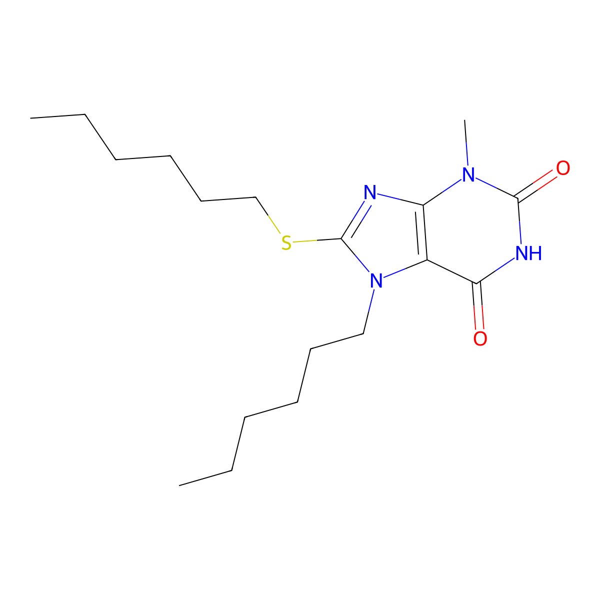 7-hexyl-8-(hexylsulfanyl)-3-methyl-3,7-dihydro-1H-purine-2,6-dione molecular structure, CAS 332033-54-2