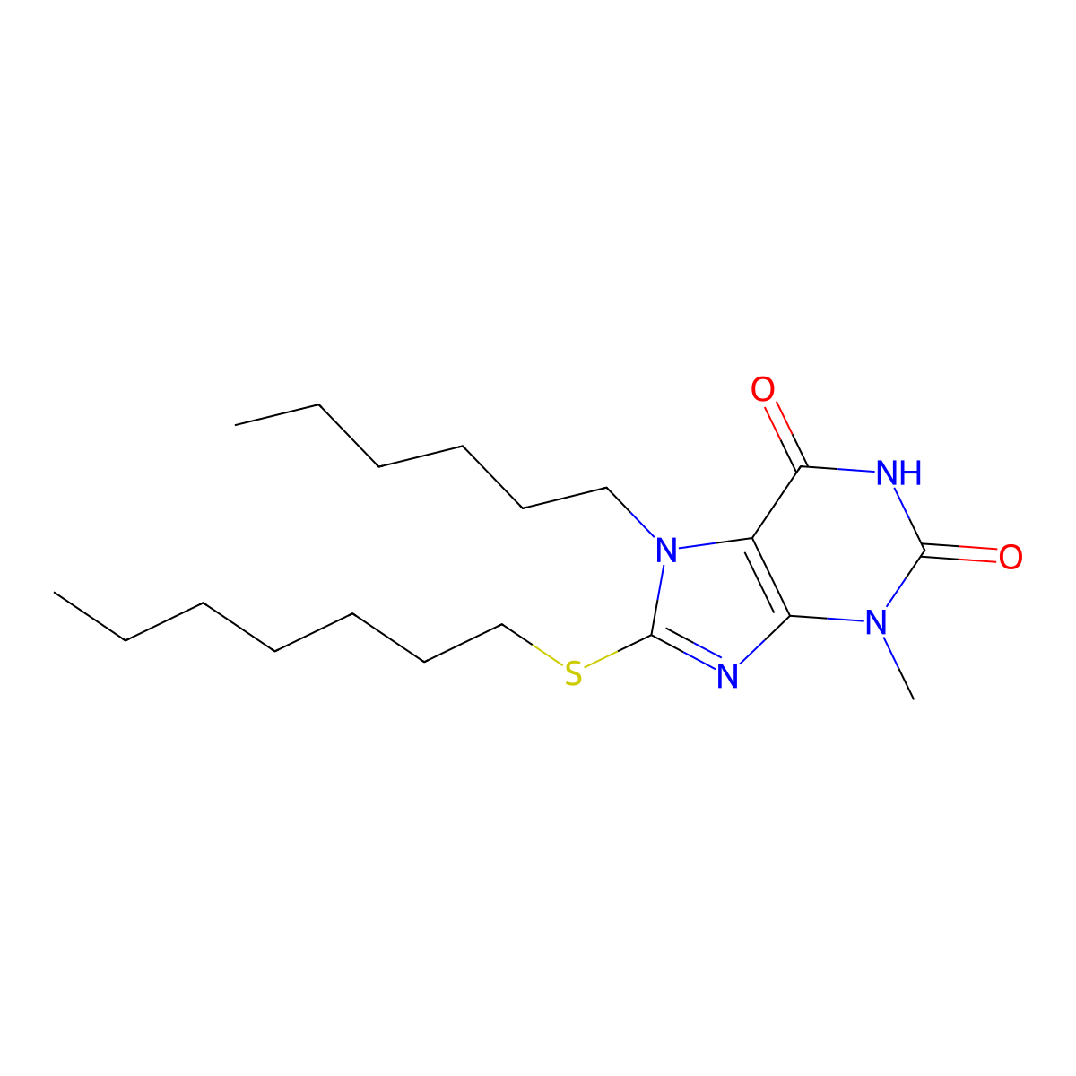 8-(heptylsulfanyl)-7-hexyl-3-methyl-3,7-dihydro-1H-purine-2,6-dione molecular structure, CAS 332033-55-3