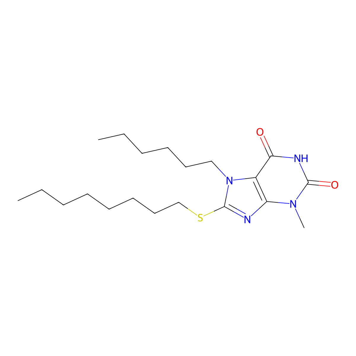 7-hexyl-3-methyl-8-(octylsulfanyl)-3,7-dihydro-1H-purine-2,6-dione molecular structure, CAS 332033-56-4