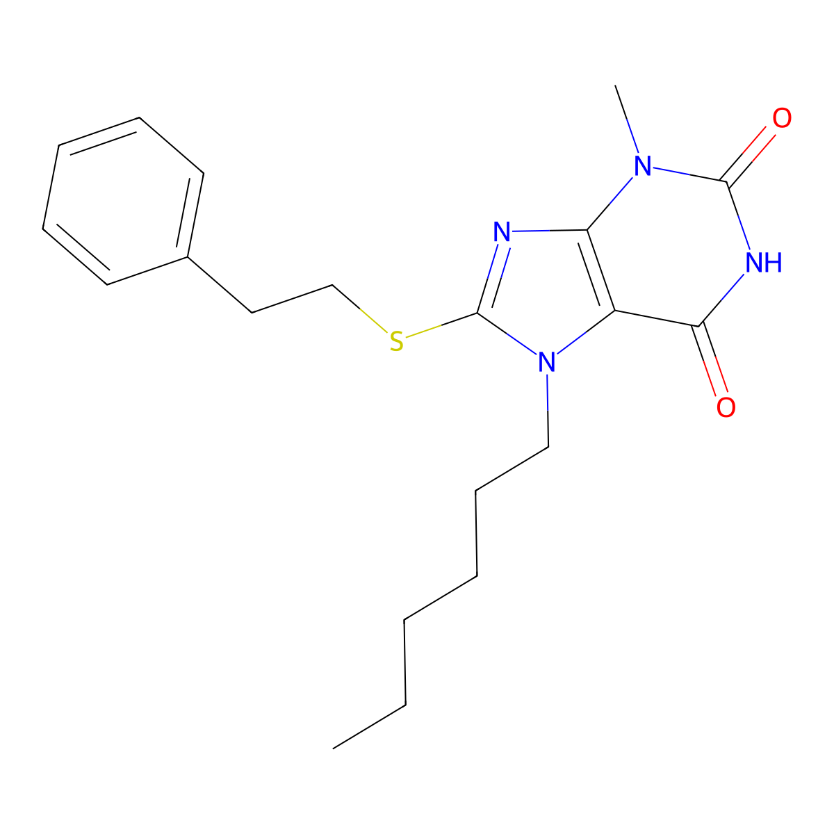 7-hexyl-3-methyl-8-[(2-phenylethyl)sulfanyl]-3,7-dihydro-1H-purine-2,6-dione molecular structure, CAS 332033-57-5