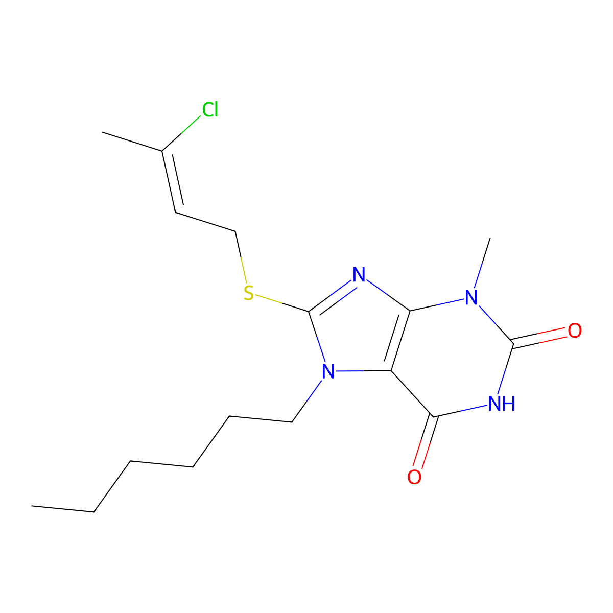 8-(3-Chlorobut-2-enylsulfanyl)-7-hexyl-3-methylpurine-2,6-dione molecular structure, CAS 332033-61-1