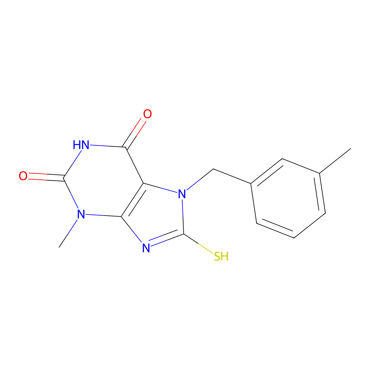 3-methyl-7-(3-methylbenzyl)-8-sulfanyl-3,7-dihydro-1H-purine-2,6-dione molecular structure, CAS 332033-62-2