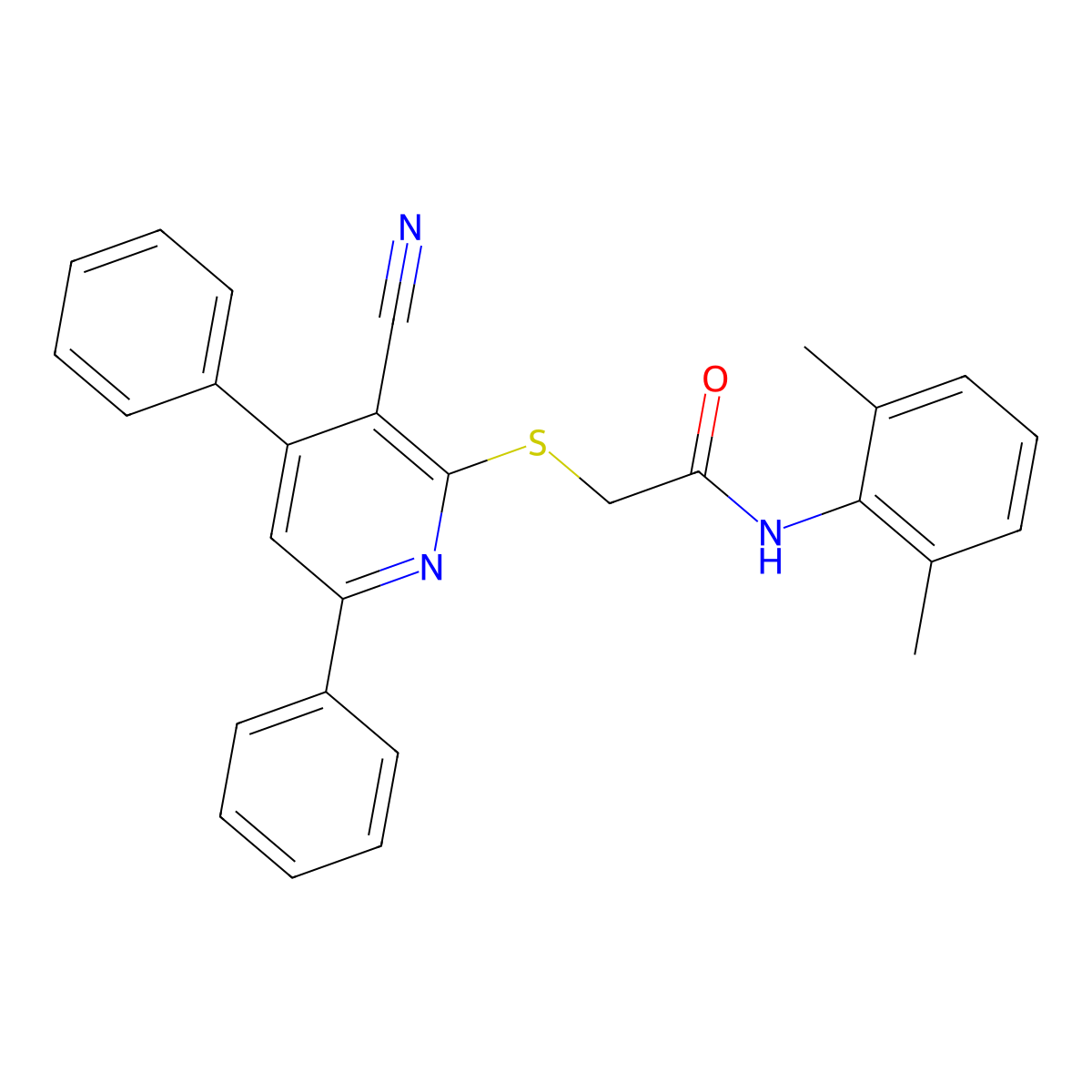 2-((3-Cyano-4,6-diphenylpyridin-2-yl)thio)-N-(2,6-dimethylphenyl)acetamide molecular structure, CAS 332040-30-9