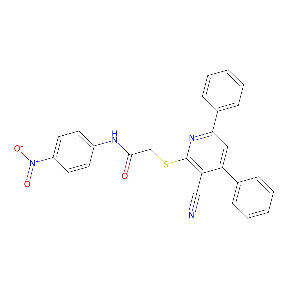 2-((3-Cyano-4,6-diphenylpyridin-2-yl)thio)-N-(4-nitrophenyl)acetamide molecular structure, CAS 332040-33-2