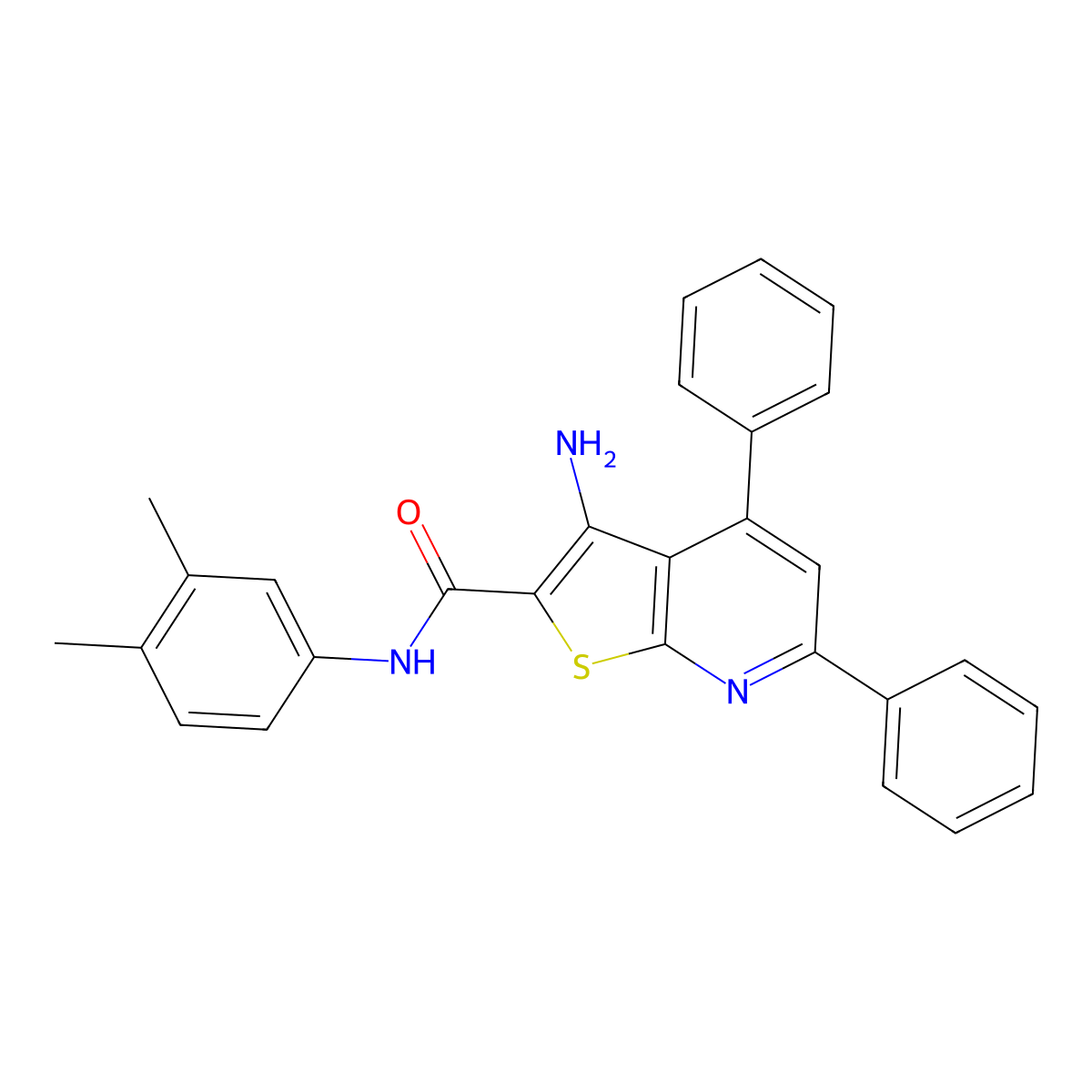 3-amino-N-(3,4-dimethylphenyl)-4,6-diphenylthieno[2,3-b]pyridine-2-carboxamide molecular structure, CAS 332040-37-6