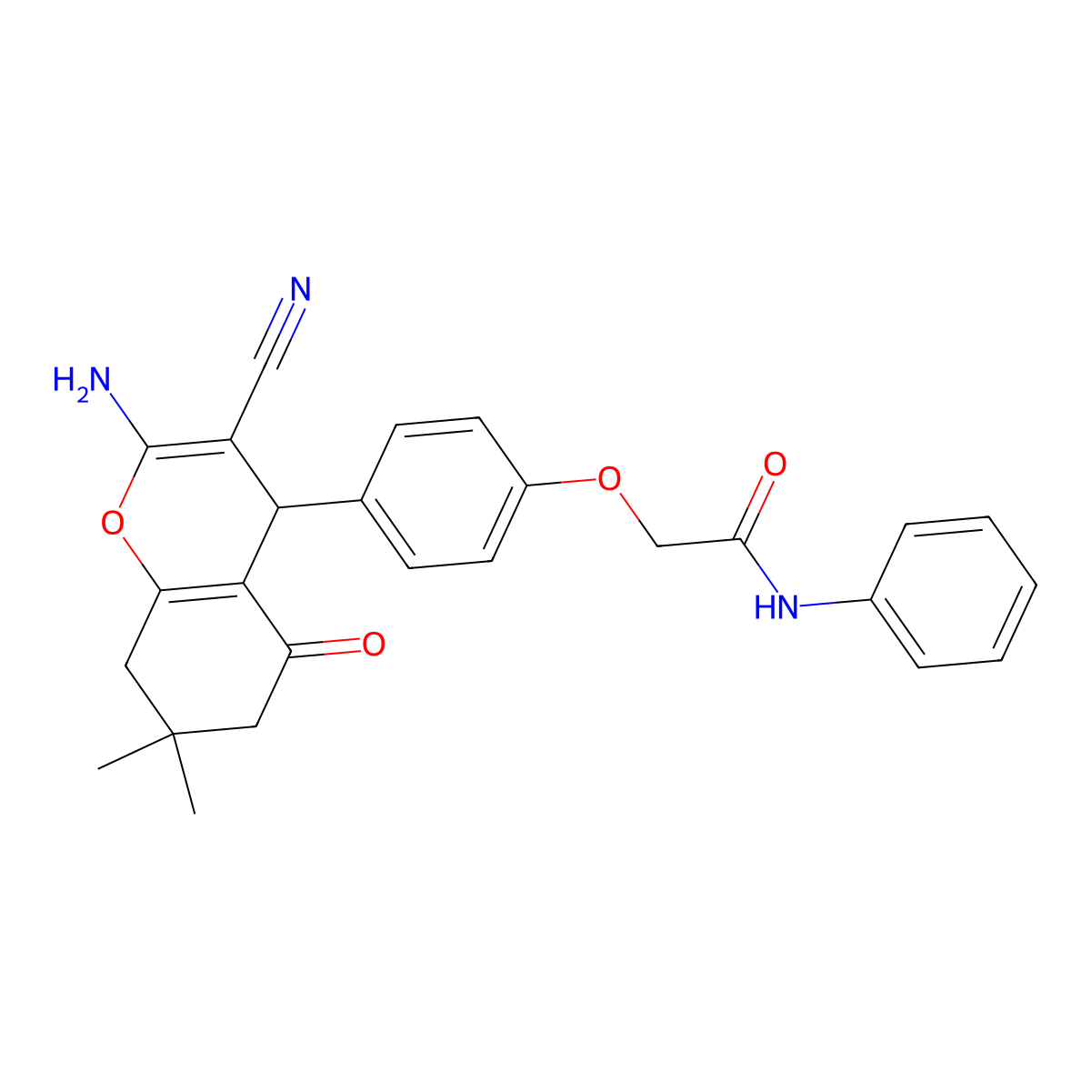 2-(4-(2-Amino-3-cyano-7,7-dimethyl-5-oxo-5,6,7,8-tetrahydro-4H-chromen-4-yl)phenoxy)-N-phenylacetamide molecular structure, CAS 332040-71-8
